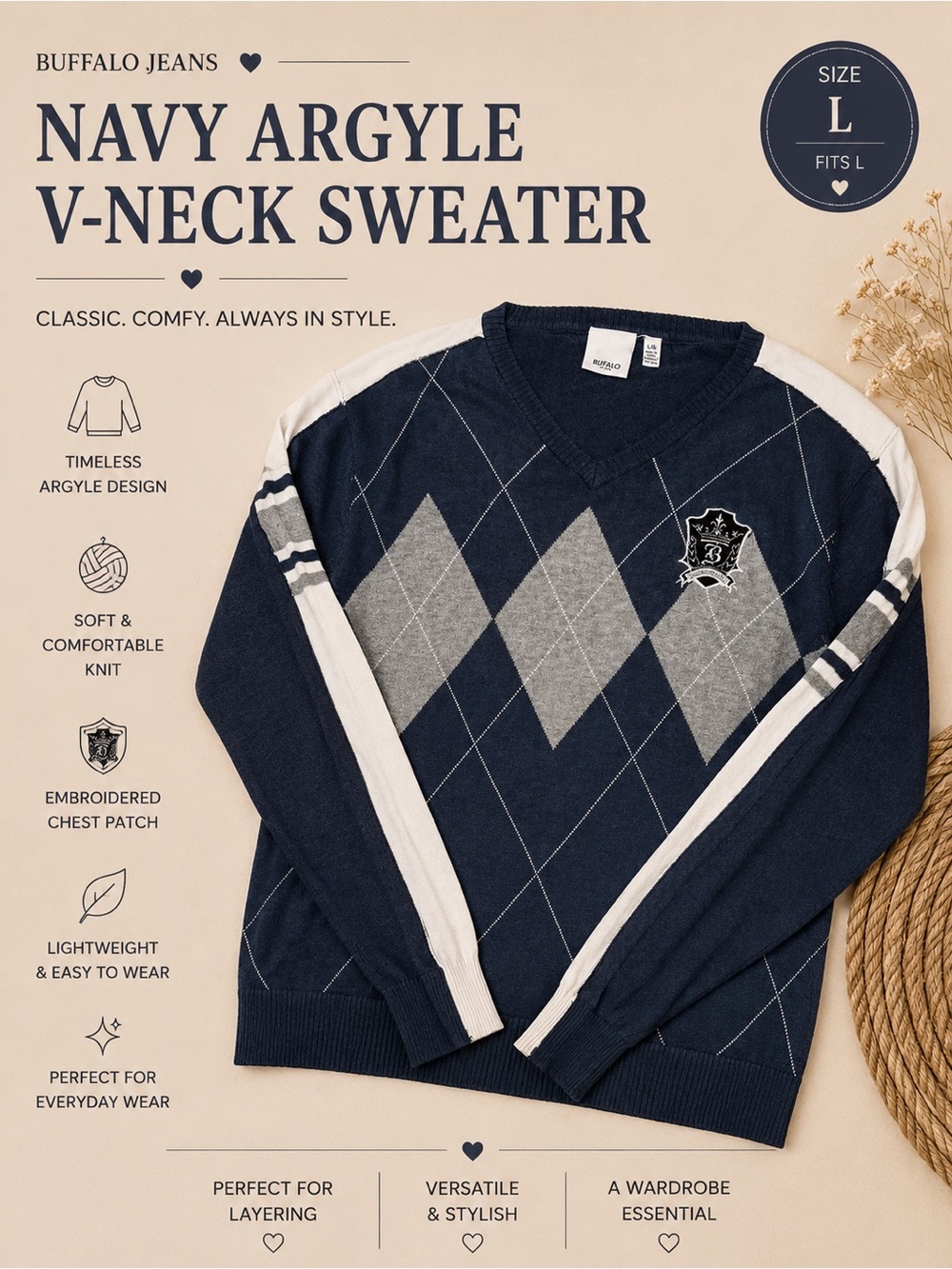 Buffalo Jeans Navy Argyle V-Neck Sweater | Embroidered Crest | Size L